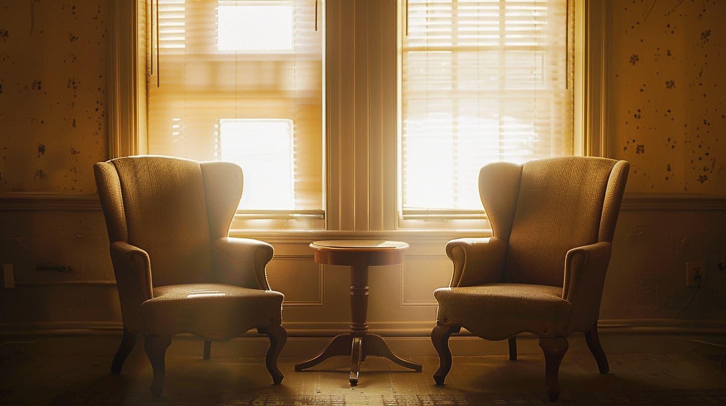 Two chairs facing each other in soft window light. A small table between them, empty but arranged as if expecting conversation.