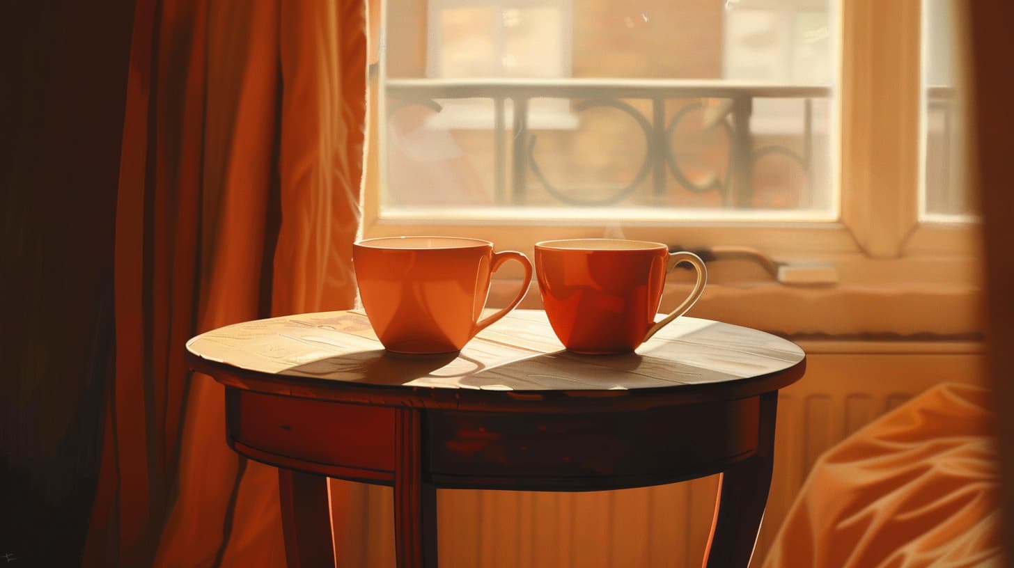 Two coffee cups on a small table, one pushed slightly away. Morning light from a window. The space between the cups is the subject.